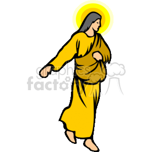 The clipart image shows a stylized representation often associated with the religious figure Jesus Christ. The figure is wearing a yellow robe with a draped sash, walking forward, and has a golden halo around the head.