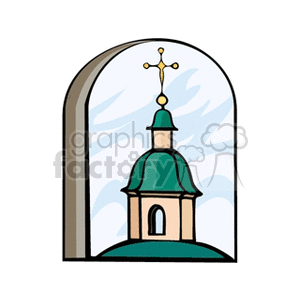 Clipart image of a religious church belfry with a cross on top.