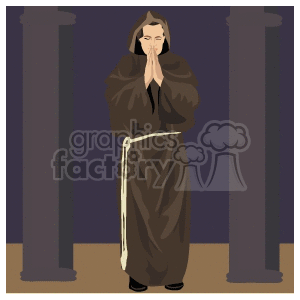 Illustration of a monk in a brown robe praying between two pillars.