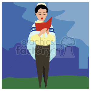 Clipart image of a person reading from a holy book, wearing a prayer shawl, symbolizing a religious activity.