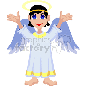 Illustration of a smiling angel with a halo, wearing a white robe with yellow trim and blue wings.