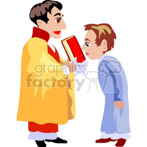 A religious figure in a robe holding a red book, possibly a Bible, with a child in a blue garment. The scene suggests a religious or spiritual interaction, such as a blessing or prayer.