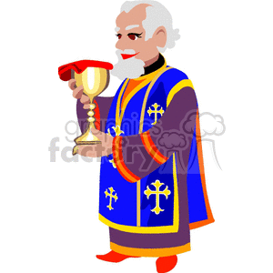 Clipart image of a religious figure or priest wearing a blue robe with golden crosses, holding a golden cup.