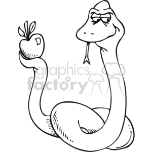 This clipart image depicts a cartoon stylized serpent holding an apple, a representation commonly associated with the biblical narrative of the Garden of Eden, where the serpent tempts Eve to eat the forbidden fruit.