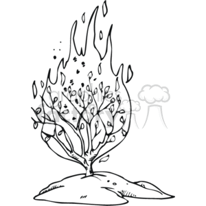 This clipart image depicts a burning bush, which is frequently associated with a significant event in Christian and Jewish religious tradition where God speaks to Moses from a miraculously burning but not consumed bush, as described in the book of Exodus in the Bible.