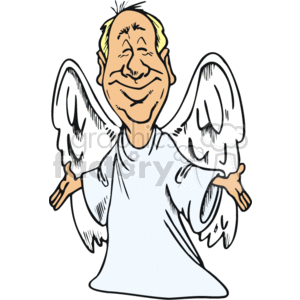 This clipart image depicts a cartoon-style character interpreted as an angel. The figure has a content smile, yellow hair, and is wearing a loose, flowing white robe. It has large wings with detailed feathers spread out from the back. The character appears to be standing with arms open wide, possibly suggesting a welcoming gesture or a posture of benevolence.