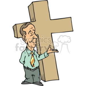 The clipart image shows a smiling man standing next to a large Christian cross. The man appears to be gesturing towards the cross with one hand.