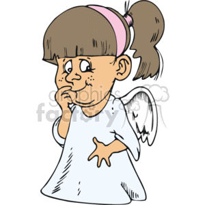 The clipart image shows a cartoon of a young girl with a single wing, resembling an angel. She has a thoughtful expression, with one finger touching her cheek and another hand on her chest. She has hair tied in a ponytail with a pink hairband.