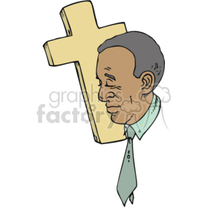 This clipart image depicts a man, who appears to be African American, with a faint smile, wearing a collared shirt and tie. In front of him, there is a large Christian cross, which seems to be the focal point of the image, suggesting themes of faith and spirituality in the context of Christianity.