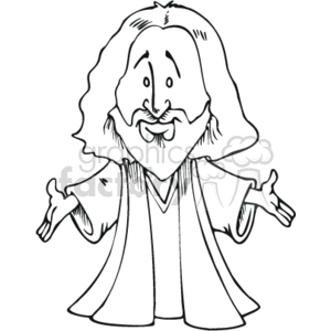 The clipart image displays a cartoon representation of a figure often associated with Jesus Christ, depicted with long hair, a beard, and robes, with arms outstretched in a welcoming or teaching gesture.