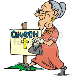The clipart image depicts a cheerful elderly lady standing next to a sign that reads CHURCH with a cross symbol on it, suggesting a Christian religious theme. She is smiling and appears to be walking or standing close to the sign, possibly on her way to a church service.