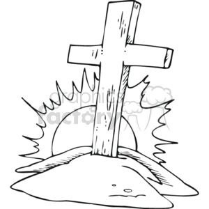 The clipart image features a simple wooden cross, typically symbolizing Christian faith, standing on a mound of earth with radiant lines suggesting light or a halo effect in the background, possibly signifying a setting or rising sun. The imagery commonly represents a gravesite or memorial typically found in a Christian graveyard.
