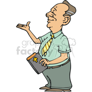 The clipart image depicts a caricatured figure of what appears to be a male preacher or clergyman. He is holding a book, presumably a Bible, indicated by the cross on the cover. The man is gesturing with one hand raised, as if speaking or making a point in a sermon or religious discussion. He has a mustache, is wearing a shirt with a tie, and has a noticeable bald spot on the top of his head.