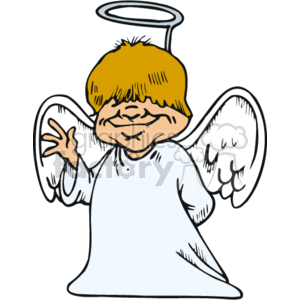 The image is a colorful cartoon-like drawing of a character resembling an angel. It features a figure with a halo above its head, two wings, and appears to be dressed in a long garment that is often associated with angelic beings in Western religious iconography. The angel has a friendly expression and is waving its hand.