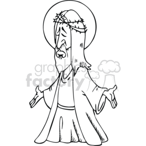The clipart image is a black and white illustration of a figure commonly recognized as Jesus Christ. The figure is depicted with an open-armed gesture and is wearing what appears to be traditional robes with a sash across the waist. The head is adorned with a crown of thorns and surrounded by a halo, signifying his crucifixion and holy status in Christian belief.