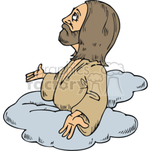 The clipart image displays a bearded man with long hair, wearing a robe and sitting on a cloud. He appears to be in a contemplative or talking pose, looking upwards with his hand extended as if addressing someone or expressing an idea. The style is illustrative and cartoonish, and the imagery suggests a religious or spiritual theme, possibly representing a figure like Jesus or a generic representation of a heavenly figure associated with Christianity.