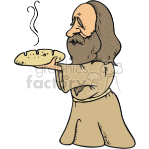 The clipart image displays a cartoon of a bearded monk wearing a simple robe and extending his arm to offer a loaf of bread. There is visible steam or aroma lines rising from the bread, indicating that it is freshly baked or warm.