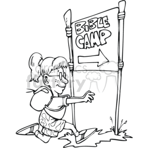 The clipart image shows a young girl with her hair in ponytails, smiling and running towards the right. She appears to be excited, as indicated by her forward-leaning posture and outstretched arm. The girl is wearing a backpack, suggesting she may be ready for a day of activities. The focus of the image is a large sign that reads BIBLE CAMP with an arrow pointing to the right, indicating the direction to the camp. The illustration style is simple and cartoonish, likely aimed at a young audience.