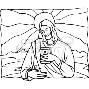   The image is a black and white line drawing that depicts a figure commonly recognized as Jesus Christ, based on Christian iconography. He has a halo around his head, suggesting his divinity, and is holding what appears to be a book, possibly representing the Bible or other holy scripture. The background features a simple rendering of light rays, emphasizing the figure