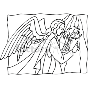 The clipart image depicts an angel with large wings and flowing robes. The angel appears to be looking downward gently at a flaming object that the angel is holding in their hands, which could symbolize a spiritual message or divine presence.