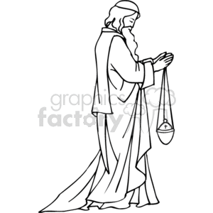 The clipart image depicts a bearded figure in long robes with hands clasped as if in prayer. The figure is also holding what appears to be a censer, a container in which incense is burned during religious ceremonies, especially within liturgical Christian churches. The character has a serene or contemplative expression on his face.