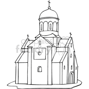 The clipart image shows a line drawing of a Christian church building. The church features a prominent dome with a cross on top, typical of some Orthodox Christian architecture, arched windows, and what appears to be a bell tower or secondary structure with another small cross. The church has multiple roof levels and seems to be a stylized representation rather than a detailed architectural drawing.