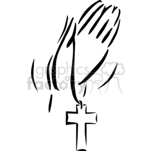 The clipart image depicts a simplified outline of a pair of hands held together in a gesture of prayer or praise, with a Christian cross dangling below them. This could suggest that the hands are holding rosary beads, which are often used in Christian prayer practices.