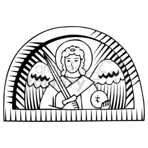 The clipart image shows a stylized representation of an angel, as might be seen in Christian religious art or stained glass windows found in churches. The angel has a halo around its head, signifying holiness, and is holding a long sword in one hand, which is a symbol often associated with protection or the fight against evil. In the other hand, the angel is holding an orb with a Christian cross on it, symbolizing the dominion of Christian faith over the world.