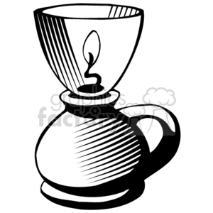 This clipart image depicts an oil lamp with a prominent flame. The lamp has a base with shading to suggest curvature and a rounded handle at the side. The flame is centered at the top, emanating from a visible wick.