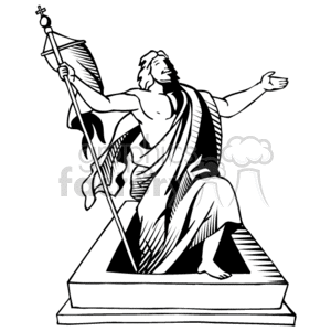 This clipart image depicts a figure that is often associated with Jesus Christ in Christian religious iconography. The figure is portrayed as standing on a pedestal with one arm raised and the other holding a long cross-topped staff or flag. This representation is indicative of resurrection or triumphant victory, which is a common theme in Christian theology relating to the resurrection of Jesus.