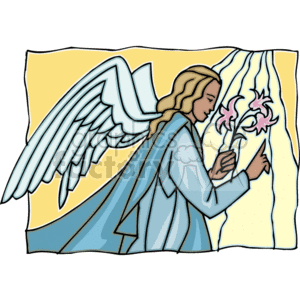 The image depicts a stylized representation of an angel from Christian iconography. The angel appears peaceful and is illustrated with a long robe and large feathered wings. The background includes a light yellow backdrop with light rays, suggesting a divine or celestial setting. The angel is holding a lily, which is often associated with purity and the Annunciation in Christian symbolism.
Concise 