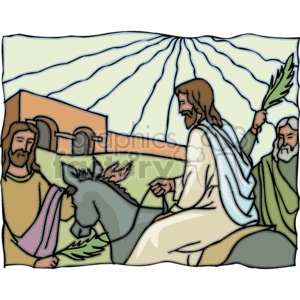   This clipart image depicts a scene often recognized in Christian religious contexts representing Jesus entering Jerusalem on a donkey. People who appear to be his followers or welcoming him are also part of the scene. One person is holding what looks like a palm branch, which is associated with Palm Sunday. The background suggests it