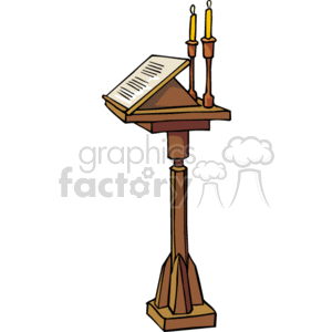   The image shows a wooden podium or lectern typically found in a Christian church, with an open book that