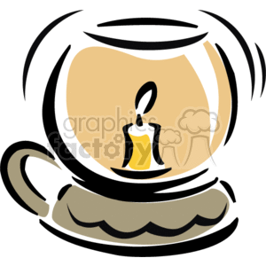 The clipart image depicts a stylized candle with a flickering flame, encased within a circular, glass-like holder. The candle appears to be on a base or stand. The design uses a simple, bold line drawing style, with a limited color palette consisting of black, white, beige, yellow, and shades of gray. 
