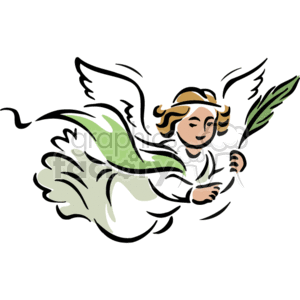 The image depicts a stylized illustration of an angel, a figure commonly associated with Christianity and other religions. The angel appears to be in flight, characterized by its wings and a halo. The angel is also holding a branch or some form of foliage.