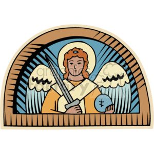 The image depicts a stylized representation of an angel commonly found in Christian religious iconography. This angel is illustrated within the design of a semi-circular stained glass window. The angel has a halo, wings, and is holding a sword and an orb with a Christian cross on it, symbols often associated with divine authority and the spread of Christianity.