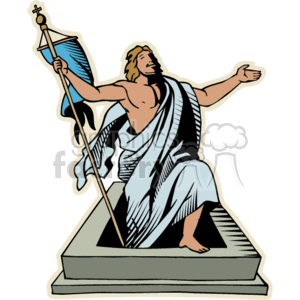The clipart image displays a representation of Jesus Christ standing on a pedestal, holding a flag with a cross on it, and gesturing welcomingly with his other hand. Jesus is depicted with long flowing hair and is robed, suggesting a depiction of the Resurrection or Ascension.
