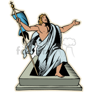   The clipart image displays a representation of Jesus Christ standing on a pedestal, holding a flag with a cross on it, and gesturing welcomingly with his other hand. Jesus is depicted with long flowing hair and is robed, suggesting a depiction of the Resurrection or Ascension. 