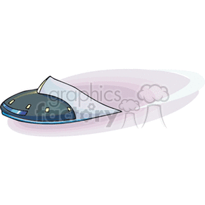 Cartoon illustration of a flying saucer or UFO with a sleek design and glowing windows, casting a shadow.