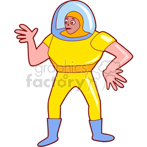 Cartoon illustration of a person wearing a yellow space suit with a helmet, featuring a friendly expression.