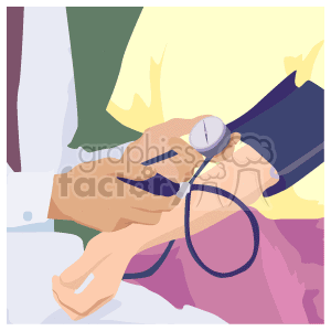 The clipart image depicts a healthcare professional using a sphygmomanometer, often referred to as a blood pressure cuff, to measure a patient's blood pressure. The healthcare professional's hands are shown pumping the device to inflate the cuff around the patient's upper arm, and a gauge attached to the cuff indicates the pressure.