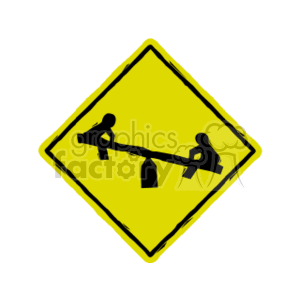   The clipart image shows a yellow diamond-shaped street sign with a symbol of two kids on a seesaw. This sign typically indicates the presence of a playground or warns motorists to be cautious because there may be children playing nearby. 