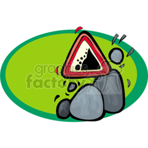 The clipart image depicts a triangular road sign with a symbol for falling rocks. Below the sign, there are a few large boulders illustrated to give the impression of rocks that have fallen onto the ground. The background is green, possibly representing the roadside or a grassy area.