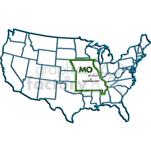 The clipart image features a map of the United States with Missouri highlighted. The state abbreviation MO is prominently displayed over Missouri, and there's a slogan or tagline that says The Show Me State.