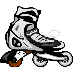   The clipart image displays a single inline skate (often referred to as a rollerblade, which is actually a brand name that has become generically used for any inline skates). The skate is predominantly black and white with gray highlights suggesting the different materials and padding used. It features a high cuff for ankle support, a ratchet strap, laces and velcro strap for secure fastening, a ventilation system as indicated by the holes and vents, a frame that holds four wheels in line, and a brake attached to the back wheel. 