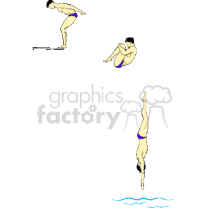 The clipart image shows a sequence of a dive performed by a swimmer. The first figure is crouching at the edge of a diving board, preparing to jump. The second figure is shown in a tucked position mid-air, which is a part of the diving process. The third figure is depicted in a streamlined, vertical dive into the water, with a few ripples indicating the surface of the water.