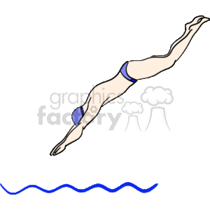 The clipart image depicts an illustrated figure of a swimmer mid-dive above a stylized body of water indicated by a single wavy line. The diver is shown streamlined with one arm extended forward and legs straight behind, wearing what appears to be a two-piece swimsuit.
