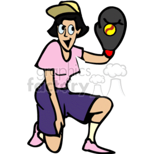   The clipart image shows an animated female softball player. She is wearing a pink short-sleeved shirt, purple shorts, a baseball cap, and a black glove on her left hand, which appears to be catching or holding a softball. She has dark hair and is shown in a crouching pose as if she
