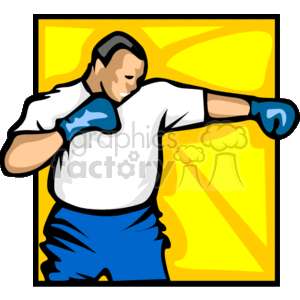 This clipart image depicts a cartoon of a male boxer throwing a punch. The boxer is wearing blue boxing gloves, a white shirt, and blue shorts. The background features a dynamic yellow abstract design, emphasizing the motion and power of the punch.