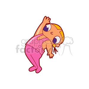 Clipart of a cartoon girl in a pink outfit stretching her right arm upwards.